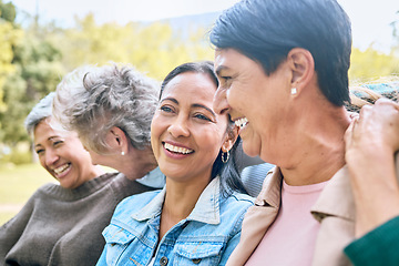 Image showing Friends, park and senior women laughing at funny joke, crazy meme or comedy outdoors. Comic, face and happy group of retired females with humor bonding, talking and enjoying time together in nature.