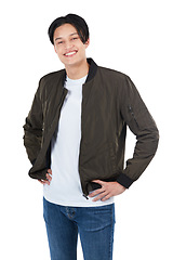 Image showing Happy, stylish and portrait of an Asian man smiling isolated on a white background in a studio. Fashionable, smile and pose of a young attractive Japanese model with confidence on a backdrop