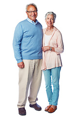 Image showing Happy couple, senior with marriage and retirement together in portrait with commitment in relationship isolated on white background. Happiness with old man, elderly woman and life partnership