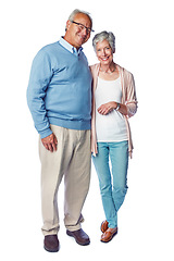 Image showing Senior couple, marriage and love, retirement together in portrait and commitment isolated on white background. Happy people in studio, trust and life partnership, relationship with old man and woman