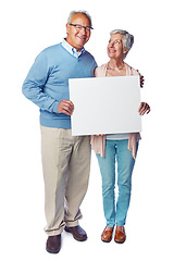 Image showing Mock up poster portrait, elderly and couple with marketing placard, advertising banner or product placement. Studio mockup, billboard promotion sign or happy sales people isolated on white background