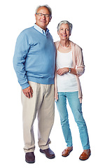 Image showing Senior couple with marriage and retirement together in portrait, relationship commitment isolated on white background. Happiness, old people and life partnership with wellness for the elderly