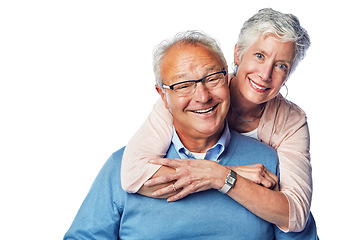 Image showing Portrait, love and senior couple hug in studio, smile and happy together against white background. Relax, face and elderly man with woman embrace, holding and enjoy retirement, bond and isolated