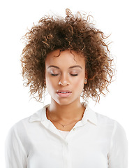 Image showing Relax, mindset and black woman in studio for zen, meditation and breathing on white background. Peace, girl and corporate employee meditate for start of work, deep breathing and standing isolated