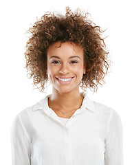 Image showing Face, beauty and portrait of black woman on a white background with beautiful, glowing and healthy skin. Beauty salon, happy and isolated headshot of girl model with cosmetics, makeup and confidence