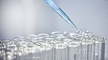 Image showing Science, test tubes and syringe for research, experiment or project in chemistry laboratory. Glass vials, innovation and chemical liquid for scientific innovation or analysis in a pharmaceutical lab.