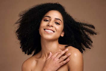 Image showing Black woman, beauty portrait and happiness for skincare wellness, natural afro hair care and cosmetics dermatology in brown background studio. African model, smile and luxury self care body glow