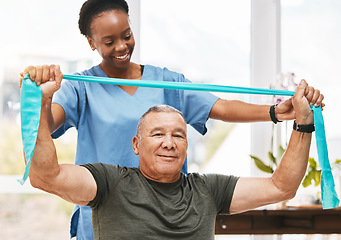 Image showing Physiotherapy support, stretching band and nurse with senior man for physical therapy, rehabilitation and healthcare help. Black woman chiropractor or physiotherapy doctor consulting elderly patient