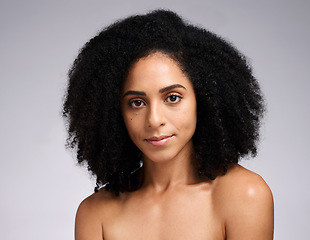 Image showing Beauty, natural and portrait of hair care black woman with healthy skincare and afro texture. African hair grooming cosmetics model face with beautiful skin glow in gray studio background.