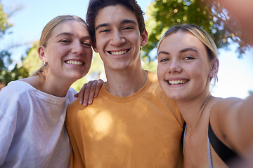 Image showing Selfie, park and portrait of friends in summer enjoying holiday, vacation and weekend in nature. Freedom, happy lifestyle and group taking photo outdoors together for relaxing, adventure and carefree