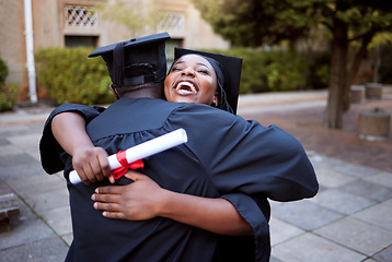 Image showing Education, students and hug for graduation, celebration and happiness outdoor, smile and success. Knowledge, man and woman with achievement, degree and embrace for university completion and diploma
