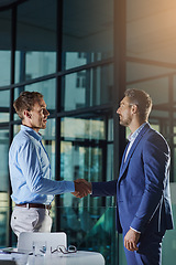 Image showing Handshake, partnership and business man with b2b interview, welcome and ceo success or deal. Business meeting, shaking hands and corporate manager thank you, introduction and agreement in an office