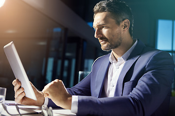 Image showing Technology, bright office and businessman with tablet reading online crypto wallet data. Financial trading, cryptocurrency and investment, thinking man and digital market research analytics on web.