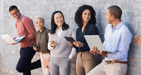 Image showing Diversity, recruitment or startup people for marketing agency interview on tech waiting for recruitment or hiring team. Teamwork, collaboration or employee recruit for a cyber, tech and digital work