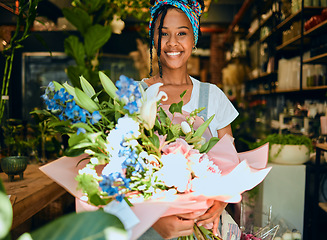 Image showing Black woman, flowers and plant shop portrait for garden, floral or greenhouse retail. Happy entrepreneur working in plants startup business, store or market for sustainability, vision and gardening