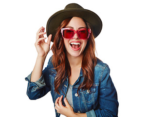 Image showing Stylish woman, fashion and sunglasses with hat, smile or excited face against white studio background. Portrait of a isolated fashionable female smiling in happiness for summer style with glasses