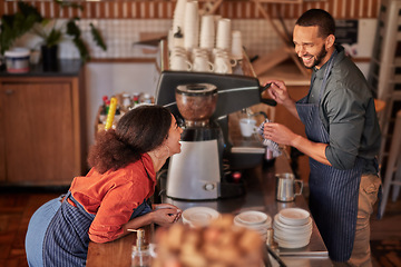 Image showing Coffee, cafe and barista couple laughing at funny meme, joke or comedy. Small business owners, waiters and diversity of happy man and woman working in restaurant while talking or comic conversation.