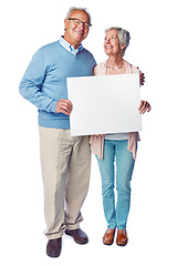 Image showing Poster, portrait mock up and senior happy couple with marketing placard, advertising banner or product placement. Studio mockup, billboard promotion sign and sales people isolated on white background