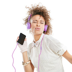 Image showing Dance, phone and woman listening to music, mobile radio and web song singing. White background, black woman sing and happiness of isolated model streaming a podcast with headphones and audio