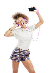 Image showing Phone music, dance singer and black woman listening to song, audio podcast or radio sound for energy, relief or fun. Studio singing, dancer girl or retro dancing student isolated on white background