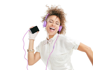 Image showing Dance, happy and black woman sing phone music, phone radio and online audio with freedom. White background, woman and happiness of isolated person streaming a dancing track with headphones and mobile