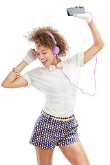 Image showing Happy, dance and headphones of a woman with music, phone radio and web audio dance. White background, black woman and happiness of isolated model streaming a podcast with headphones and mobile