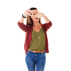 Image showing Studio, smiling and woman framing with hands feeling happy and isolated against a white background. Portrait of fun, face happiness and joyful young female or person showing picture sign