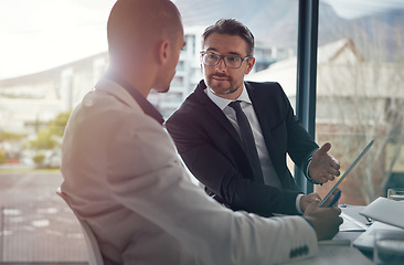 Image showing Business team, tablet and meeting discussion for corporate strategy or partnership in office. Men talking about finance management for digital marketing investment with partner deal for growth