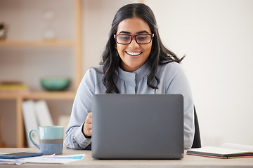 Image showing Email, research and business woman with a laptop for a website, internet networking and reading information. Planning, corporate connection and worker with a smile for online feedback on a computer
