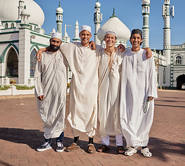 Image showing Happy, hajj and Muslim men at a mosque to pray, ramadan faith and group in Mekka together. Smile, religion and portrait of Islamic friends on a pilgrimage to the holy city for spiritual journey