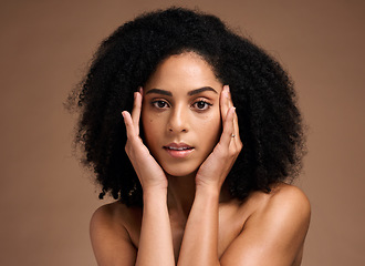 Image showing Skincare, afro and hair portrait of black woman with healthy aesthetic and natural texture. African grooming cosmetics model girl face with beautiful skin glow in brown studio background.