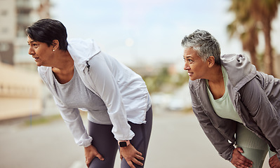 Image showing Tired, running and friends with women in city training for stamina, endurance and fitness. Workout, goal and teamwork with senior runner jogging in town for support, exercise and cardio