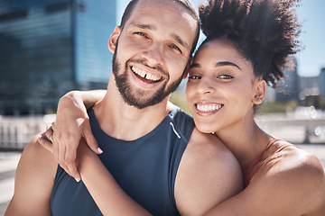 Image showing Fitness, face and couple of friends in city workout, training or exercise support, love and motivation hug with teamwork in Mexico. Urban, sports and athlete people smile for cardio or muscle goals