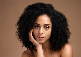 Image showing Black woman portrait, beauty and facial skincare with a natural glow and happiness for clean skin on studio background. Face of aesthetic model with afro hair and dermatology, cosmetics and makeup
