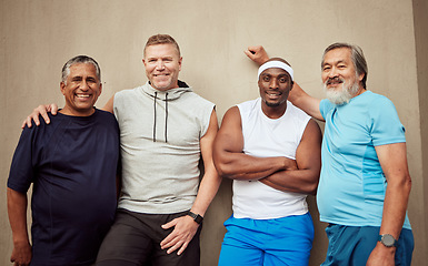 Image showing Happy men, portrait and sports group on wall background in outdoor city. Smile, fitness and mature male friends with motivation for workout, wellness support and exercise energy for healthy lifestyle