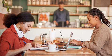 Image showing Students writing, studying on laptop in cafe for elearning, university education or working remote. Black women, friends and college research in coffee shop together for collaboration or teamwork