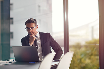 Image showing Laptop, idea and boardroom with a businessman working on research for future company growth. Computer, thinking and innovation with a male employee or manager in his office with review his strategy