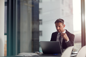 Image showing Laptop, thinking and boardroom with a businessman at work on research for future company growth. Computer, idea and innovation with a male employee or manager in his office with review his strategy