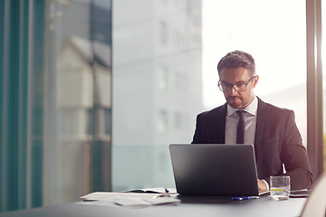 Image showing Laptop, office and business man reading email, working on website and corporate planning. Schedule, software app and data analytics of a professional worker, ceo or executive on digital technology