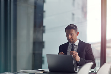 Image showing Laptop, thinking and business man reading email, working on website and corporate planning. Schedule, hand holding glasses and vision of a professional worker, boss or executive on digital technology