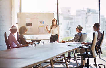 Image showing Woman speaker, meeting and business people with board, innovation or planning for marketing strategy. Leader, presentation or workshop for goal, teamwork or analysis of data with diversity in team