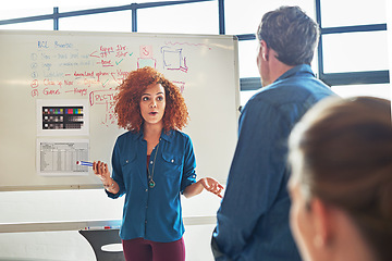 Image showing Teaching, coaching and black woman with a brainstorming presentation for a strategy, goal and idea. Meeting, teamwork and creative woman in a workshop with a team writing sales ideas on a whiteboard