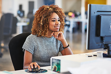 Image showing Connection, secretary and black woman with a computer for business, internet and corporate research. Online, work and African employee with a smile while reading executive information on the web