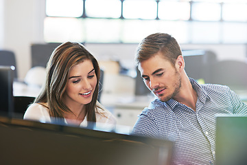 Image showing Business people, collaboration and discussion for idea, strategy or conversation together at the office. Man and woman employee workers on computer and sharing ideas for project plan at the workplace