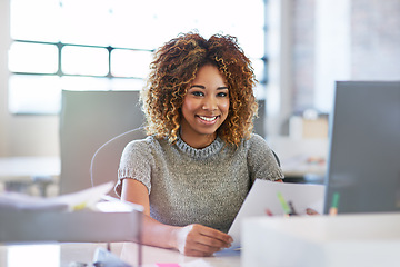 Image showing Documents, smile and portrait of black woman with contract for office project or market research at creative startup desk. Happy, paperwork and woman with sales report analysis or performance review.