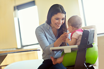 Image showing Mom, baby child and chair for breakfast, learning or love in house with smile, morning or bonding happiness. Mama, infant kid and happy together in family home for development, feeding food or health