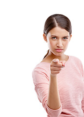 Image showing Woman, pointing finger and standing isolated on a white background mockup alone, serious or choosing. Portrait of young female showing finger for decision or choice against a studio with attitude