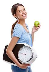 Image showing Apple, scale and diet of woman isolated on white background in studio health, lose weight and portrait. Green fruit, healthy goals and model smile for detox results, food or wellness marketing mockup