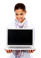 Image showing Happy woman, portrait and laptop mockup on isolated white background for website branding, advertising and logo space. Digital technology, mock up and blank black screen for university student