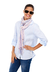 Image showing Black woman, luxury sunglasses and portrait in studio for discount on cool glasses with a smile. Female model isolated on a white background posing happy with a positive mindset and fashion pose